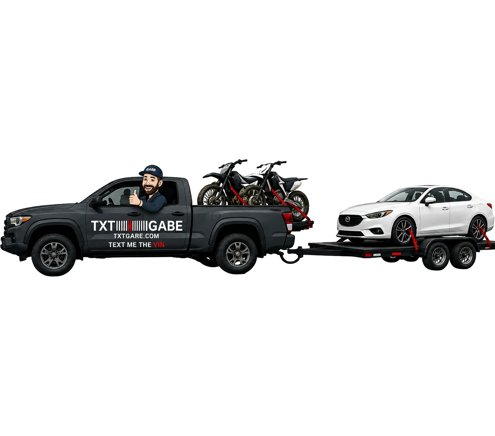 Illustration of Gabe driving his truck towing vehicles for local buyers in Boulder CO